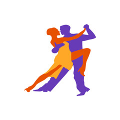 Silhouette of a couple in a tango dance pose with the woman in a dress and the man holding her in a passionate embrace