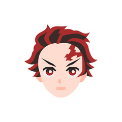 Illustration of a stylized anime character head with red and black hair and a distinct facial mark