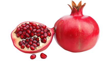 A whole pomegranate has a round shape with a crown-like top, while halved pieces reveal clusters of glistening ruby-red seeds packed inside white pith isolated on white background or transparent png 
