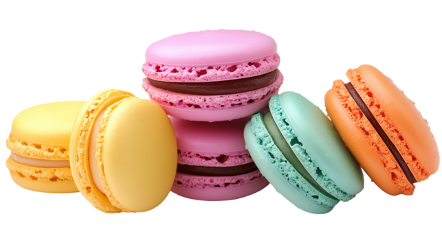 A macaron is a small, round, and slightly domed sandwich-shaped dessert with smooth tops, ruffled edges, and a creamy filling in between isolated on white background or transparent png 

