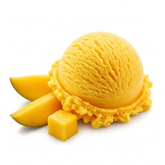 coop of bright yellow mango ice cream decorated with fresh mango cubes,