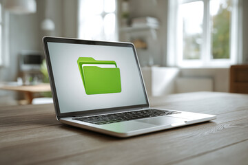 Laptop displaying green folder icon on screen, sits on wooden table in blurred home office background, symbolizing data storage, organization, and digital workspace