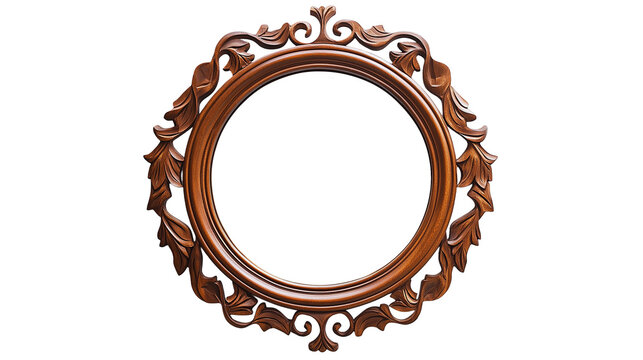 A circular brown frame with intricate decorative patterns carved along its smooth, rounded edges isolated on white background or transparent png 