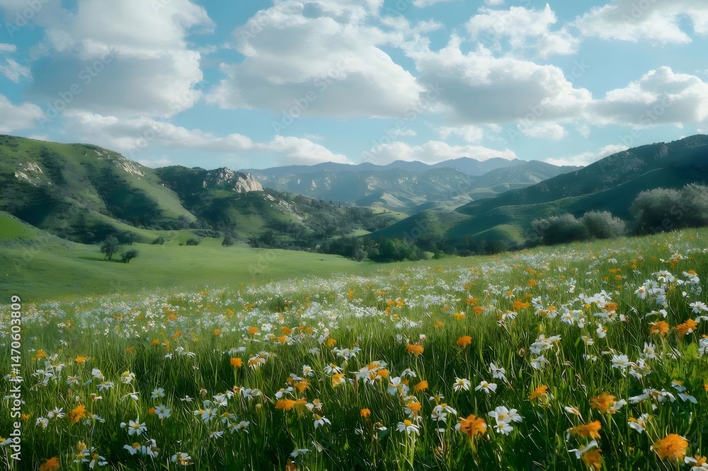 Poster 白い雲の下の緑豊かな丘陵地帯に咲くオレンジと白の花の風景 自然の美しさを捉えた穏やかな日の穏やかな雰囲気