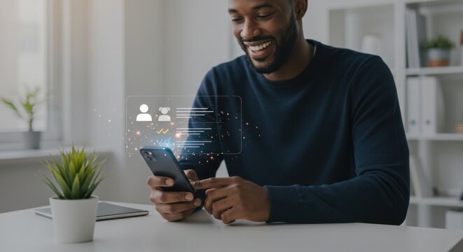 Smiling man using smartphone in modern office with digital profile connection icon representing online networking and social media interaction for professional communication - Powered by Adobe