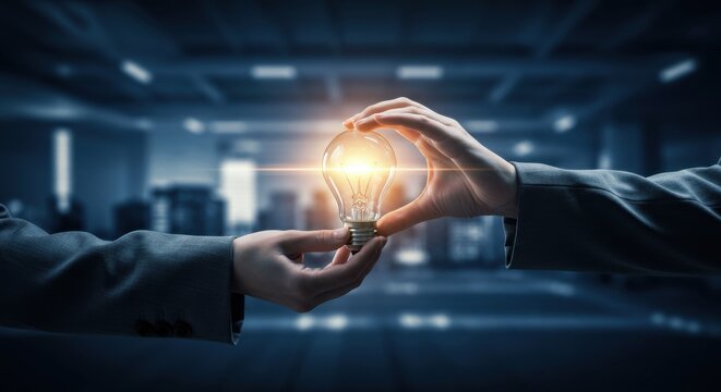 eam collaboration concept featuring two professionals holding a glowing light bulb symbolizing shared innovation, teamwork and idea development