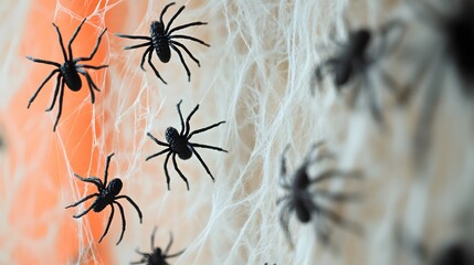 Naklejka premium DIY spider web made from yarn hung on a wall with plastic spiders attached