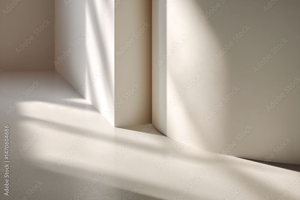 Poster minimalist beige walls and floor showcase, sunlight casts shadows, creating a clean and simple aesth
