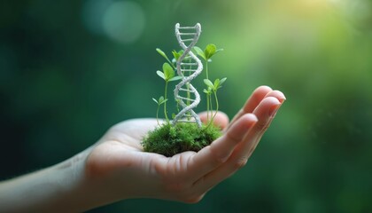 Hand holding small plant with DNA symbol. Concepting biology, genetics, growth, environmental science, ecology, future. Gene therapy, biotechnology, research, innovation, bio tech, healthcare,