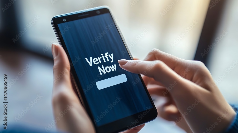 Poster woman using smartphone app for quick verification process online digital security mobile technology