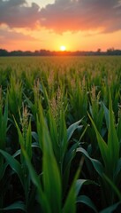 Fototapeta premium Corn field under sunset sky. Green plants, rural farm land in summer. Farming scene, outdoor landscape, organic leaves and crop growth. Agriculture, farming, food production, eco farming.