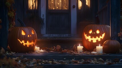 Fototapeta premium Pumpkins carved with scary faces arranged on a porch with candles