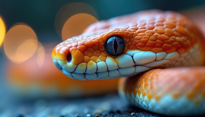 Fototapeta premium Close-up shot snake head with scales, eye, bokeh background. Orange, red colors. Exotic reptile in wildlife. Reptilian skin, detail. Nature, danger, reptilian, studio shot for wildlife illustration.