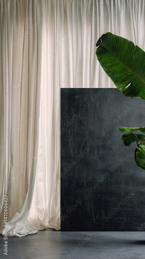 Poster beige curtains, dark textured panel, green leaf, minimalist studio setup showcasing blank space idea
