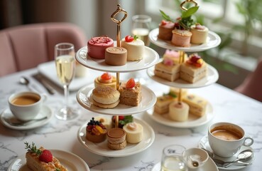 Gourmet cakes mini canapes served with coffee sparkling wine. Elegant afternoon tea party setting. Refreshment selection pastries sandwiches desserts sweets. Celebration lunch with friends.