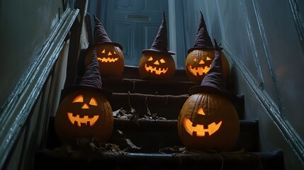 Pumpkin lanterns carved with witch hats and placed on a stairway