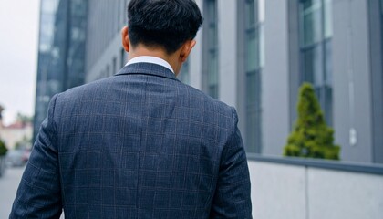 悩みながら歩くスーツ姿の若いアジア人男性ビジネスマン