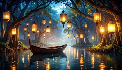 Obraz premium Enchanting scene of a wooden boat gliding through a misty forest river, surrounded by glowing lanterns hanging from trees, symbolizing fantasy, mystery, serenity, and magical journeys.