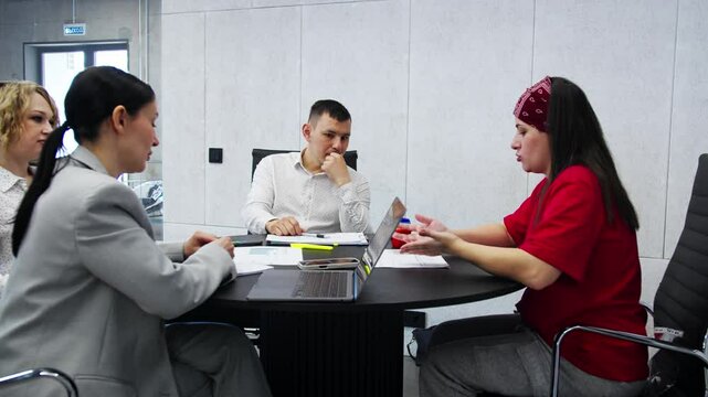 Meeting for presentation, startup project proposal and sales pitch for investors. Clients, woman and value proposition for partnership, collaboration and b2b planning