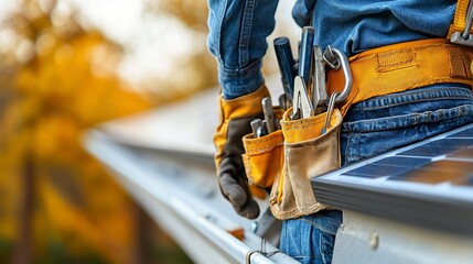 Roofing technician working on solar panels