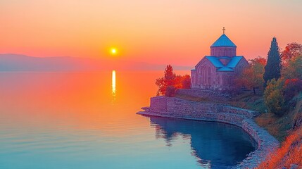 Obraz premium Sunrise over lake, church on shore