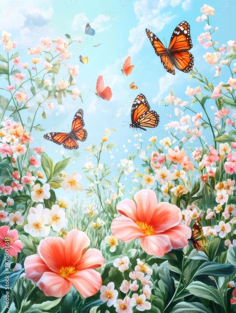 Poster オレンジ色の蝶が舞うピンクと白の花畑のイラストレーション 穏やかな空の下で春の庭の背景に咲く花々の壁紙