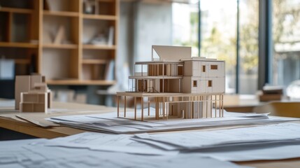 Modern House Architectural Model on Blueprint Papers