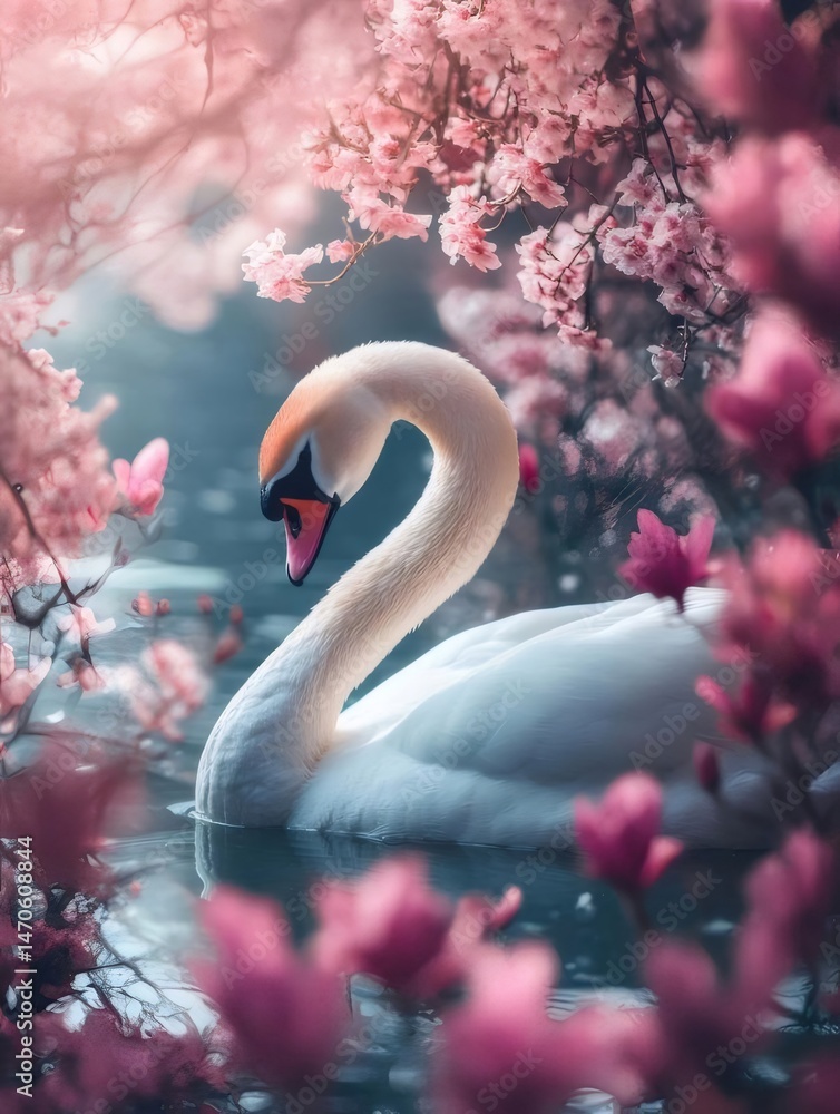 Aufkleber ピンク色の花と穏やかな水面に浮かぶ白い白鳥の優雅な姿 春の穏やかな自然の美しさ
