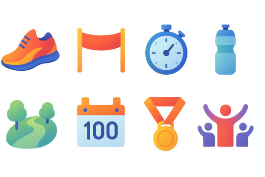 Running essentials icons set – shoes, finish line, stopwatch, water, trail, calendar, medal, team. Flat icon set