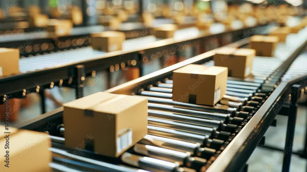 Poster Packages moving along a conveyor belt system. The setting appears to be a distribution center, highlighting the automated processes involved in package sorting and shipping.