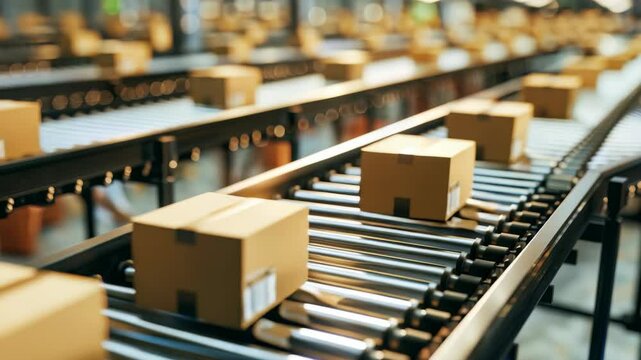 Packages moving along a conveyor belt system. The setting appears to be a distribution center, highlighting the automated processes involved in package sorting and shipping.
