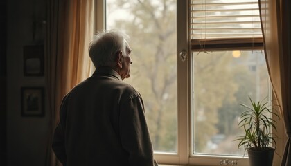 Old man stands near window lost in thought. Mature male looks through window, reflects on life. Grey hair, pensive face. Home interior, daylight. Solitude, loneliness, retirement, nostalgia concepts.