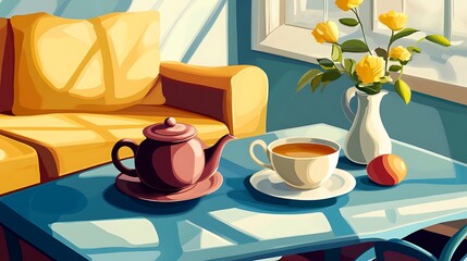 Cozy living room scene with tea and flowers