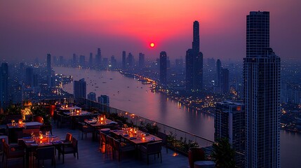 Rooftop restaurant with city skyline sunset view