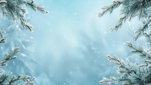Soft, dreamy background with falling snowflakes and snow covered pine branches framing the view. The cool toned color palette gives a calm and wintery sensation to the composition.