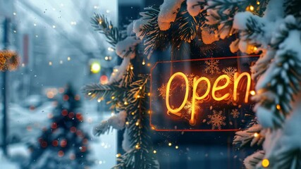 A shop window display with a bright neon "Open" sign framed by snow-covered evergreen branches and twinkling lights. A blurred Christmas tree is visible inside the shop. It is winter time. - Powered by Adobe