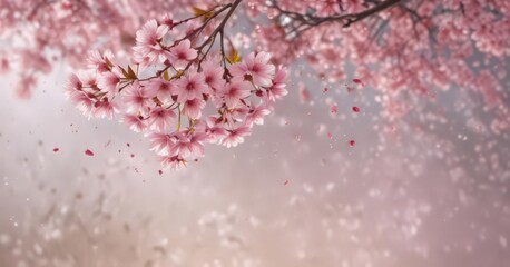 Obraz premium Delicate pink sakura petals drift softly on a bokeh background Springtime bloom , petals, tranquility