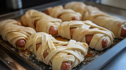 Hot dog mummies wrapped in strips of dough and baked to perfection