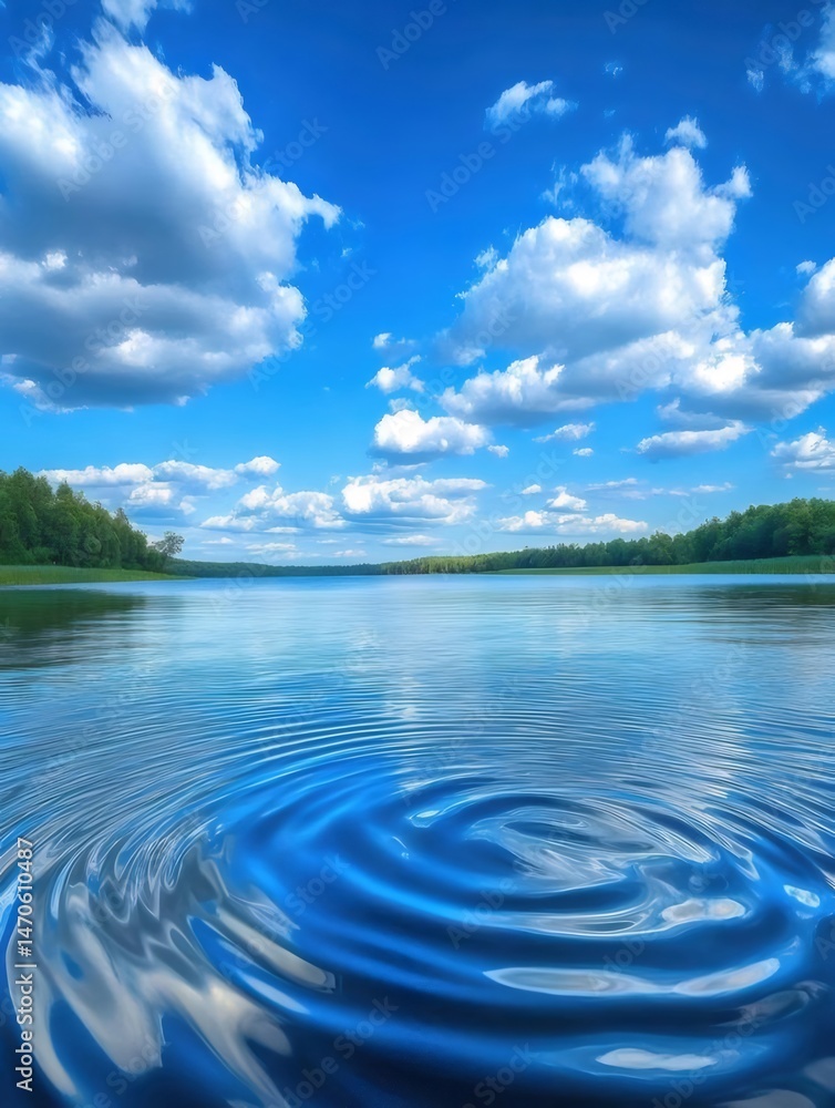 Aufkleber 青い空と白い雲が水面に映る湖の穏やかな風景 緑豊かな森林を背景に水紋が広がる静寂な夏の日の眺め