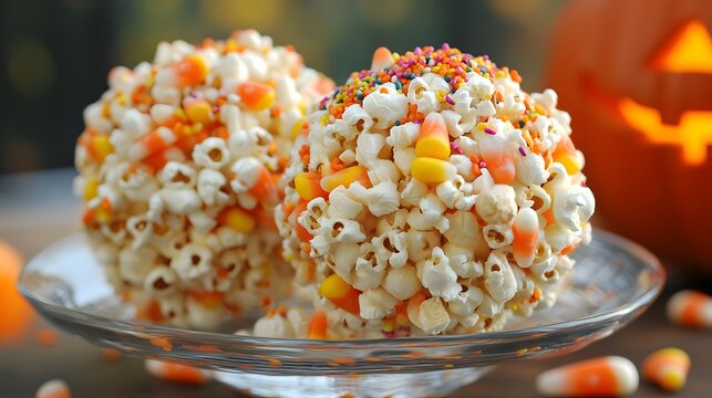 Popcorn balls mixed with candy corn and Halloween sprinkles