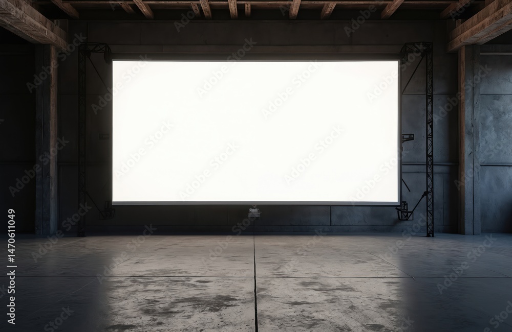 Poster empty white projection screen in dark industrial space. blank billboard banner. empty space for pres