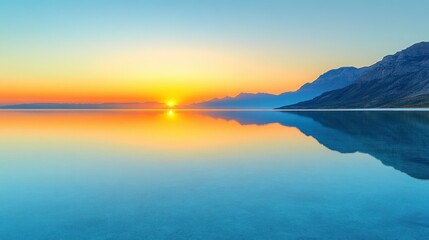 Obraz premium Sunrise over tranquil lake reflecting mountains