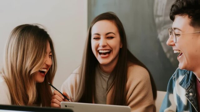 Three young people are seated indoors, caught in a fit of laughter. The image exudes a sense of camaraderie and shared amusement, making it a relatable and positive moment.