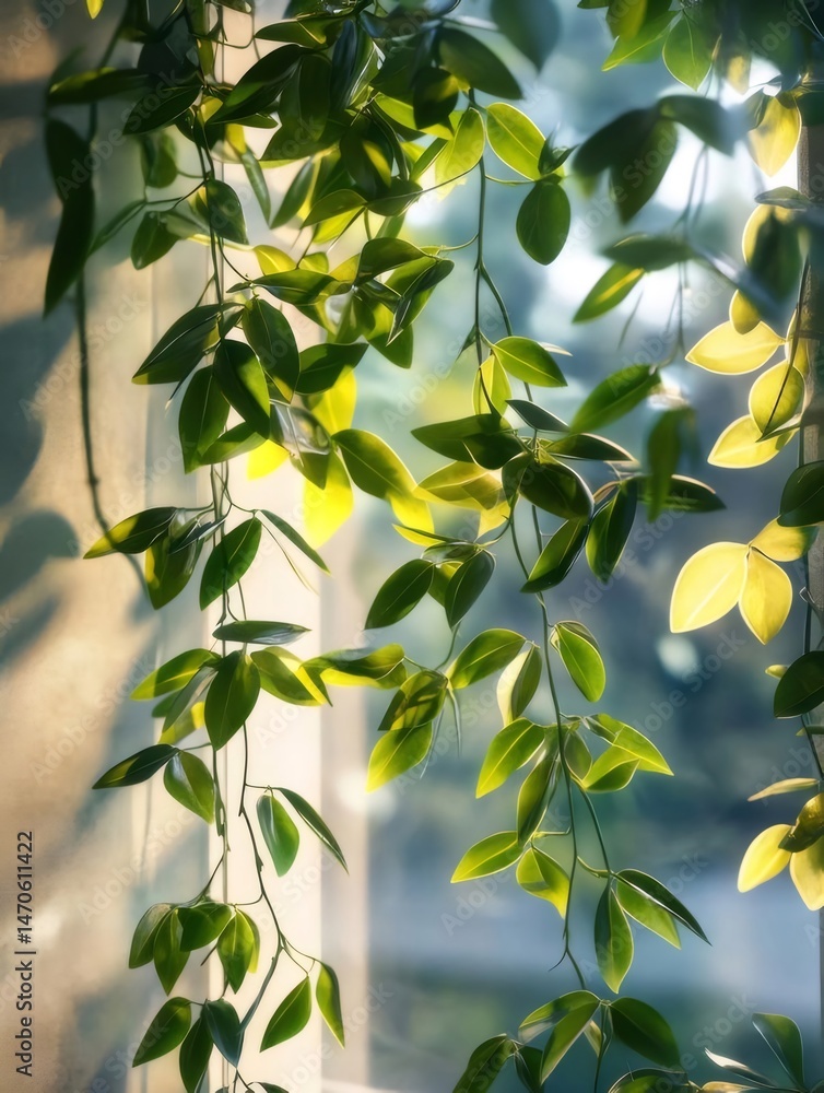 Aufkleber 窓辺に飾られた緑の葉を持つ植物のクローズアップ 薄暗い壁を背景に、穏やかな光が葉を照らす静寂な雰囲気