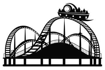Roller coaster car ascends a silhouette track, creating an adventure park icon against transparency