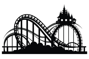 In silhouette, a roller coaster track curves dramatically, culminating in a haunted house