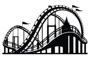 Roller coaster silhouette rises high against white with flags and supports it shows transparent