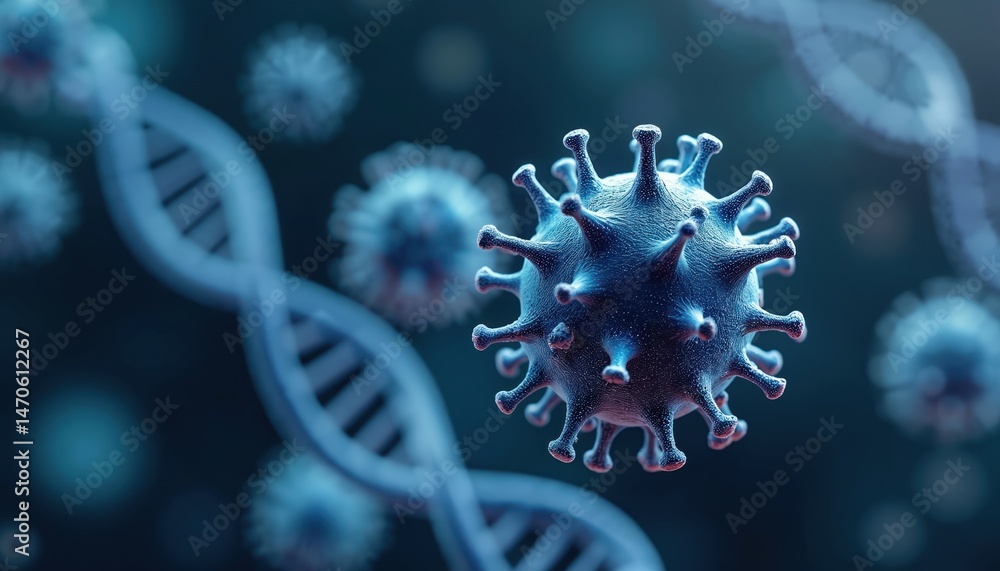Aufkleber close-up render of a virus with dna helix background, showcasing biological structure. microscopic d