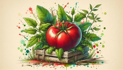 Watercolor tomato. Abstract floral arrangement with red tomato.