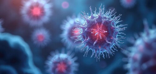Microscopic illustration of viruses. Scientific research into cell regeneration, stem cell therapy. Medical concept art of cell biology, health, treatment, biotechnology, advanced research. Cellular